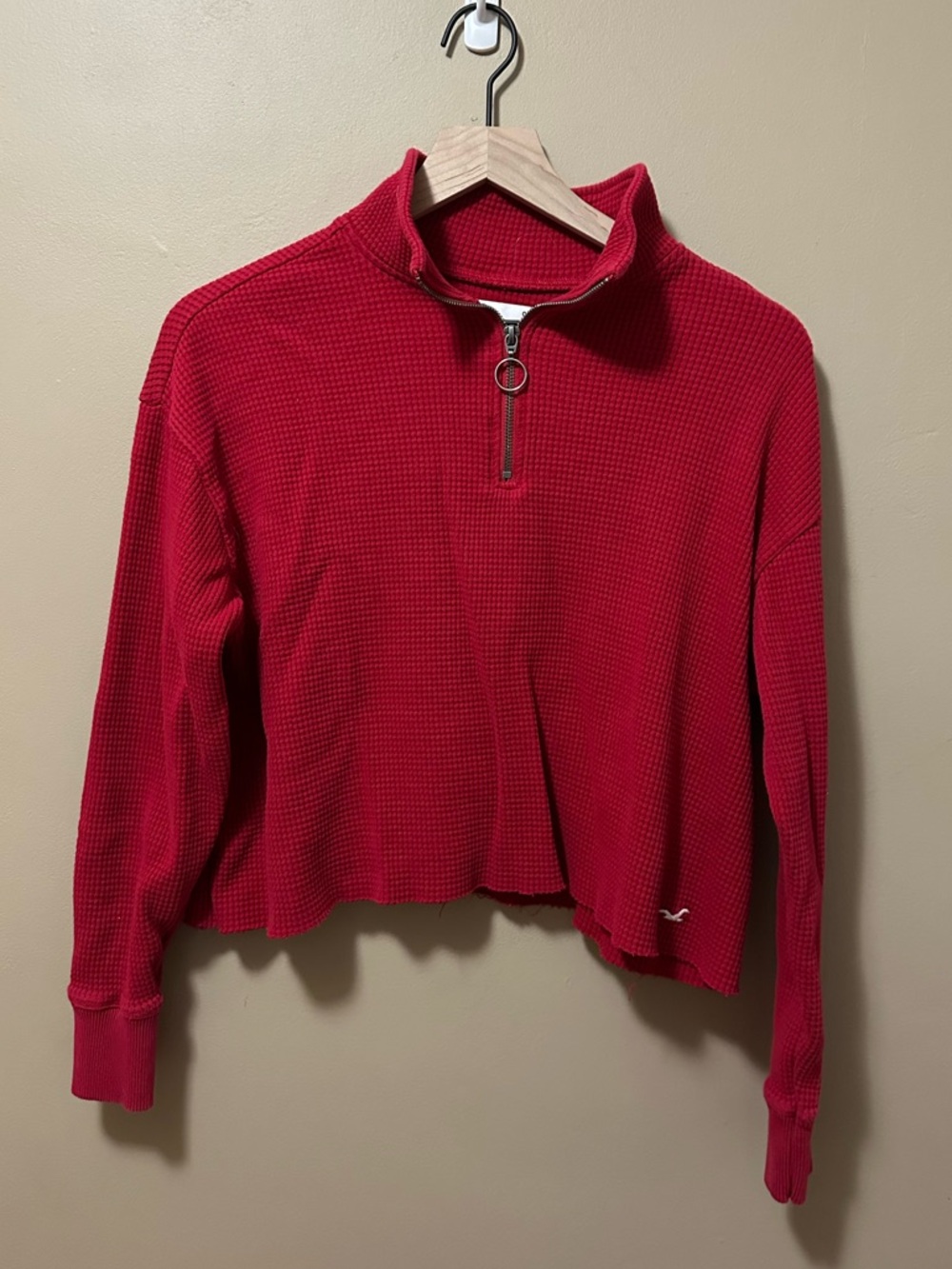 Hollister Red Waffle-Knit Half-Zip Cropped Raw Hem Pullover Festive Casual